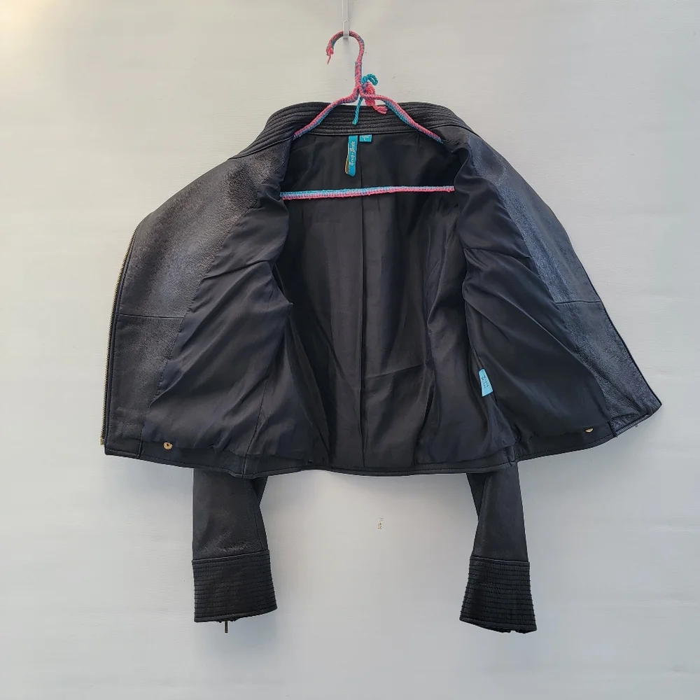 Truth+Pride Black Leather Moto Jacket Size Large Minimalist Classic Gold Neutral - Picture 14 of 16